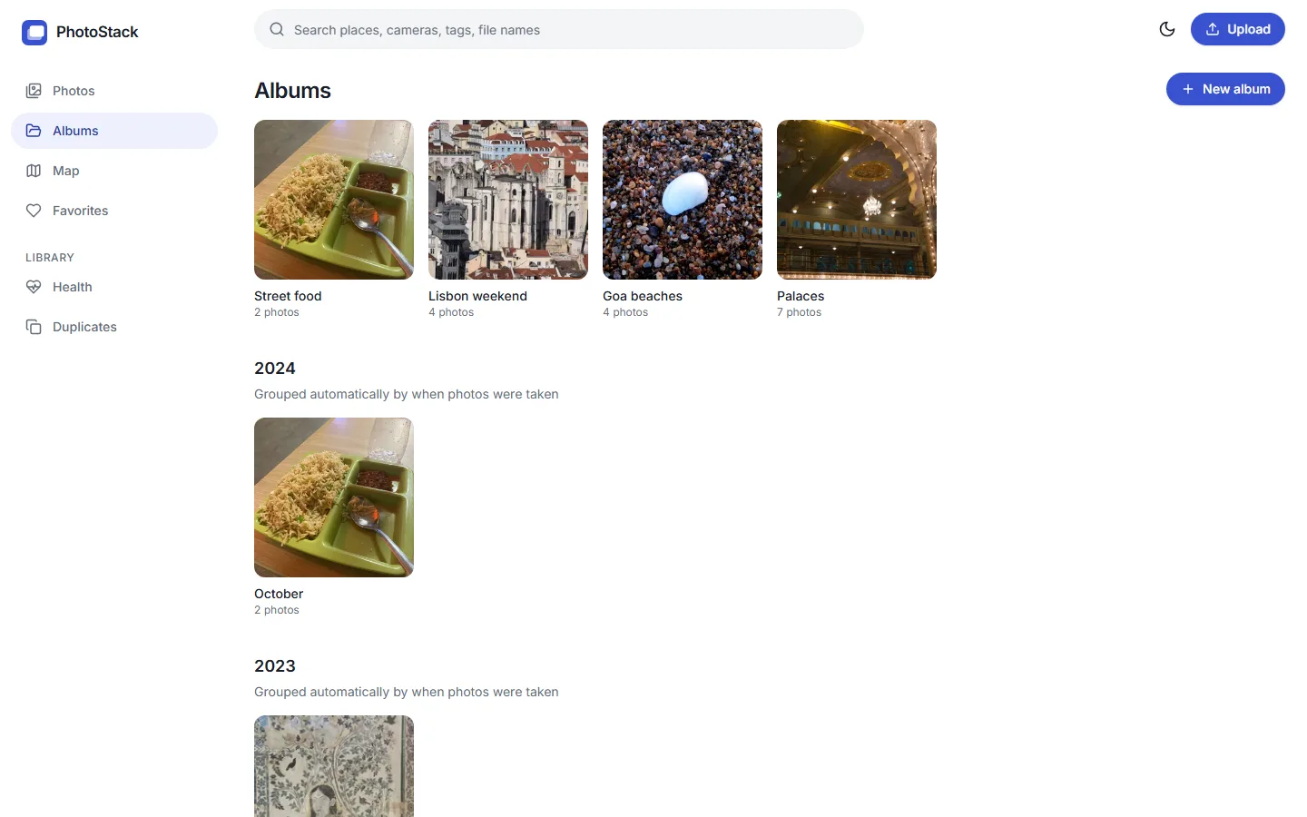 Albums page with custom albums and automatic month albums