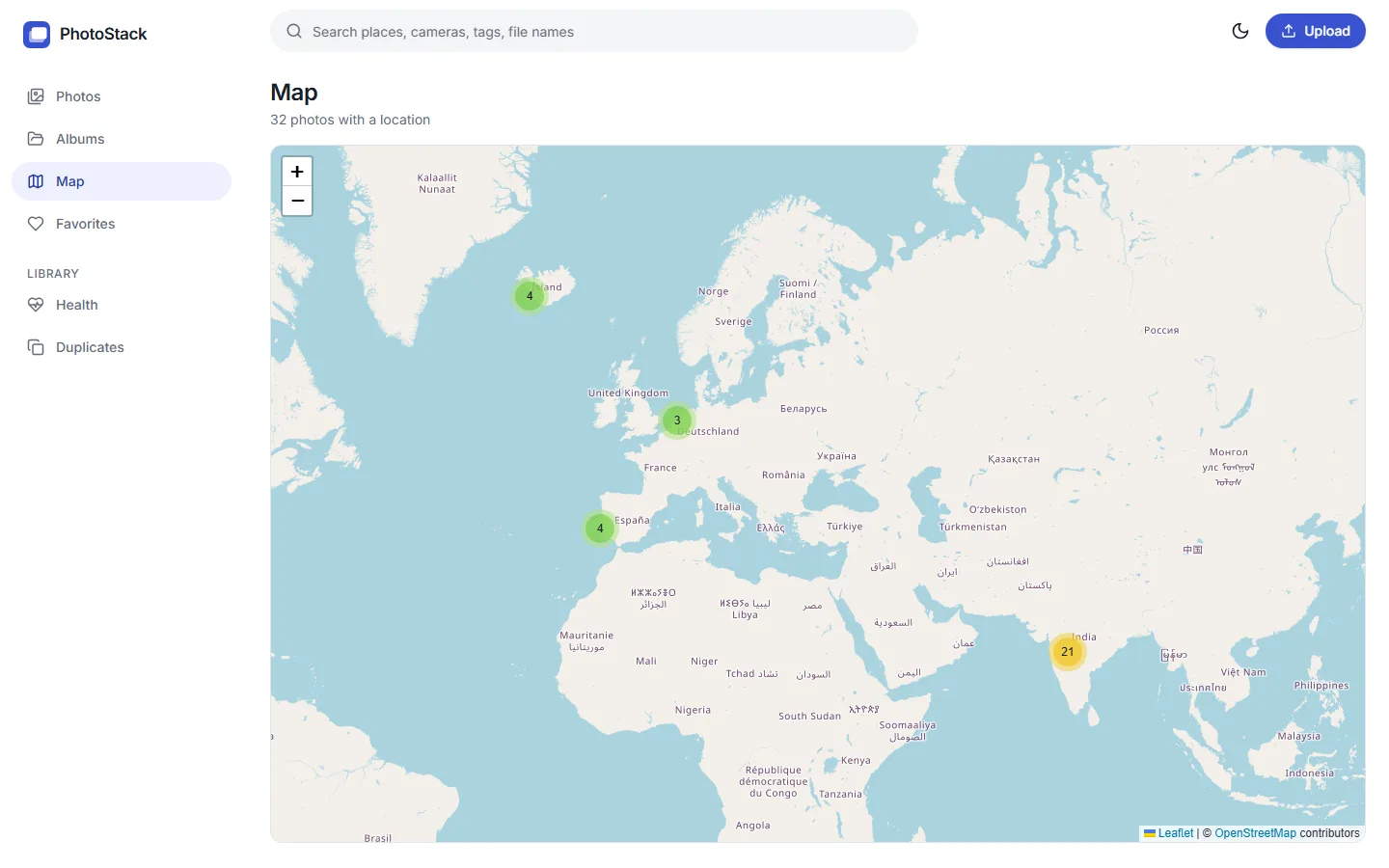 World map with clusters of photos in India, Portugal, the Netherlands and Iceland